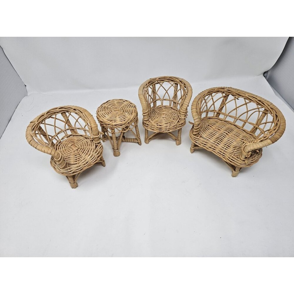 Vintage 4 Piece Wicker Doll Furniture Set - 2x chairs, coffee table, & love seat
